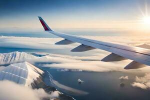 an airplane wing flying over a mountain range. AI-Generated photo