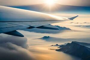 an airplane wing is flying over a mountain range. AI-Generated photo