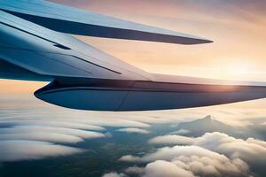 un ver de el ala de un avión volador terminado nubes generado por ai foto