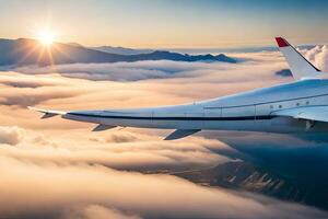 a large airplane flying over clouds with the sun shining. AI-Generated photo