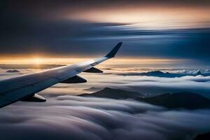 an airplane wing is flying over the clouds. AI-Generated photo