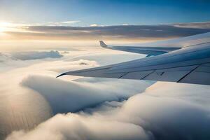 un avión ala es visto volador terminado nubes generado por ai foto