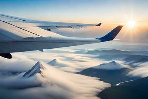 an airplane wing is flying over a mountain range. AI-Generated photo