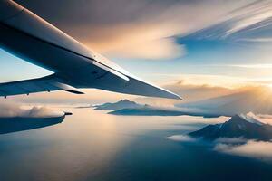 a view of the wing of an airplane flying over the ocean. AI-Generated photo