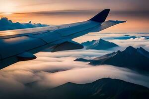 an airplane wing is flying over the clouds. AI-Generated photo