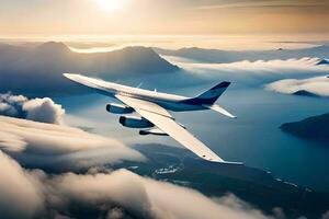 a large jetliner flying over the ocean with clouds in the background. AI-Generated photo