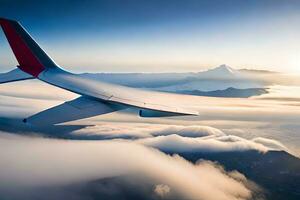 an airplane flying over the clouds with a mountain in the background. AI-Generated photo