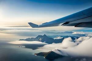 an airplane wing is flying over the ocean and mountains. AI-Generated photo