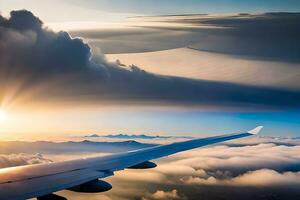 an airplane wing is seen flying over clouds. AI-Generated photo