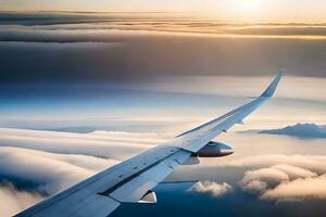 an airplane wing is flying over the clouds. AI-Generated photo