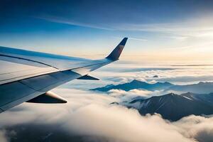 an airplane wing flying over the clouds. AI-Generated photo