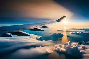 an airplane wing is flying above the clouds. AI-Generated photo