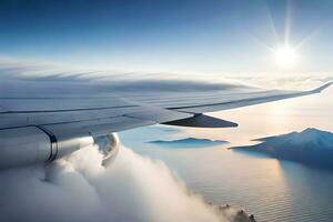 an airplane wing is flying over a mountain range. AI-Generated photo