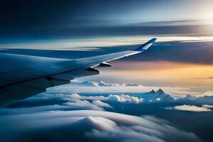 an airplane wing is flying over the clouds. AI-Generated photo