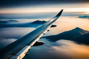 an airplane wing flying over the clouds. AI-Generated photo
