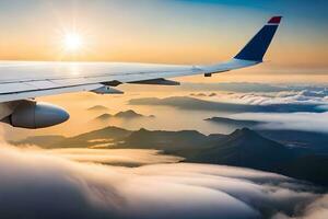 an airplane wing flying over the clouds with the sun shining. AI-Generated photo