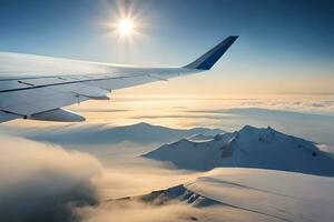 an airplane wing flying over a snowy mountain range. AI-Generated photo