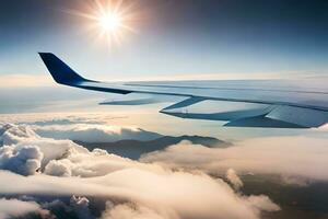 an airplane wing flying over clouds and mountains. AI-Generated photo