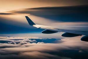 an airplane wing is seen flying above clouds. AI-Generated photo