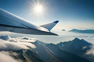 an airplane wing flying over a mountain range. AI-Generated photo