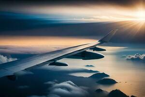 an airplane wing flying over the ocean and mountains. AI-Generated photo