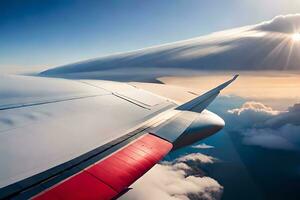 an airplane wing is seen from above the clouds. AI-Generated photo