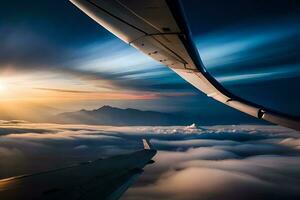 el ver desde un avión ala a puesta de sol. generado por ai foto