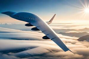 un grande avión volador mediante el nubes generado por ai foto