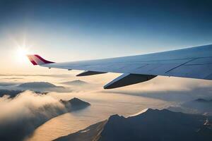 an airplane wing is flying over a mountain range. AI-Generated photo