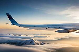 a large airplane flying over the mountains at sunset. AI-Generated photo