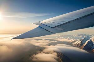 an airplane wing flying over a mountain range. AI-Generated photo