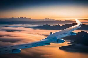 an airplane wing flying over the clouds at sunset. AI-Generated photo