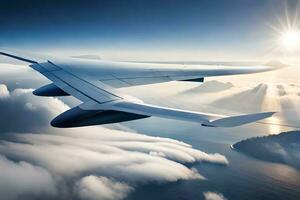 a large airplane flying over a mountain range. AI-Generated photo
