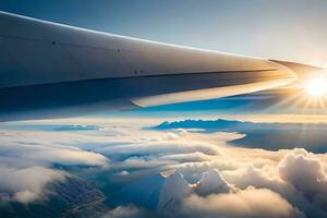 the wing of an airplane is seen flying over clouds. AI-Generated photo