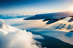 a plane flying over a mountain range with clouds. AI-Generated photo