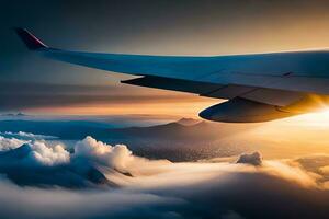 the wing of an airplane is seen flying over clouds. AI-Generated photo