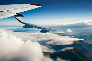 an airplane wing flying over a mountain range. AI-Generated photo