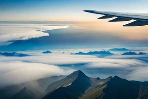 an airplane wing is flying over mountains and clouds. AI-Generated photo