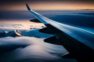 an airplane wing is flying over the clouds. AI-Generated photo