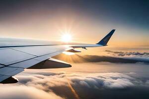 el ala de un avión es visto volador terminado el nubes generado por ai foto