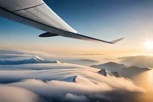an airplane wing is flying over a mountain range. AI-Generated photo