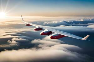 un grande rojo y blanco avión volador mediante el cielo. generado por ai foto