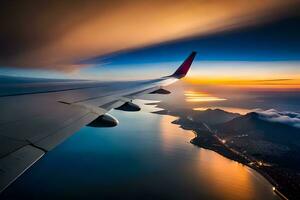 an airplane wing is flying over the ocean at sunset. AI-Generated photo