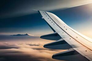 an airplane wing is seen flying over the clouds. AI-Generated photo