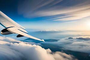 an airplane wing flying over clouds and mountains. AI-Generated photo