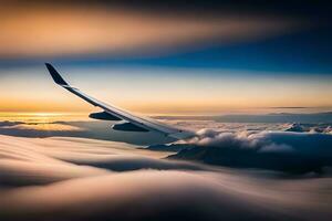 an airplane wing flying over clouds at sunset. AI-Generated photo