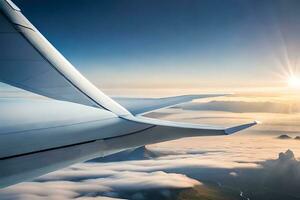 a view of the wing of an airplane flying over clouds. AI-Generated photo