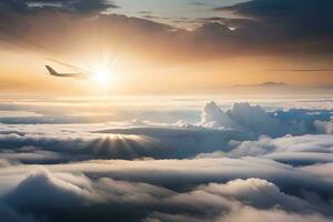 un avión volador terminado nubes a puesta de sol. generado por ai foto