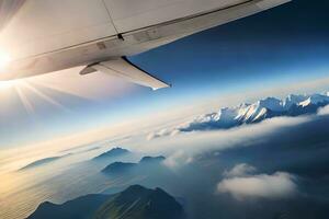 an airplane wing is flying over a mountain range. AI-Generated photo