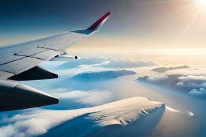 an airplane wing is flying over a mountain range. AI-Generated photo